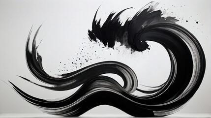 Ink brush stroke in black against a white backdrop. Abstract design reminiscent of Japanese artistic style, resembling Japanese calligraphy