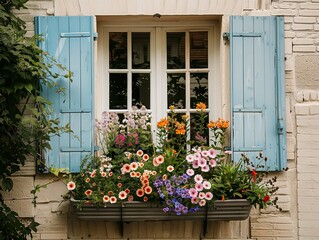 Fototapeta na wymiar a photo of a traditional window on a cream-colored brick home, accented with pale blue shutters on either side, flowers