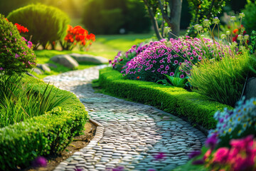 Garden with flowers and plants. A slide background for showcasing gardening. Background image. Created with Generative AI technology.