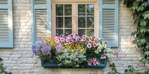 a photo of a traditional window on a cream-colored brick home, accented with pale blue shutters on either side, flowers