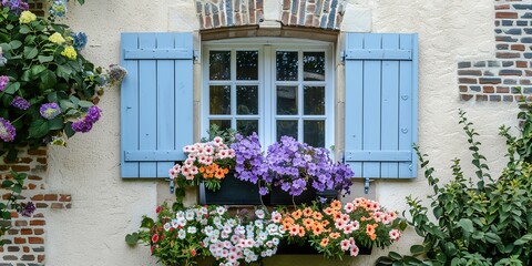 a photo of a traditional window on a cream-colored brick home, accented with pale blue shutters on either side, flowers