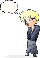 cartoon woman with hands in pockets with thought bubble