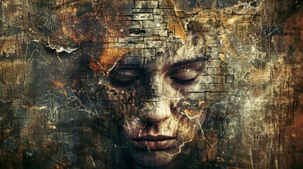 Artistic composite of a woman's face overlaid on a textured old wall, blending art and decay