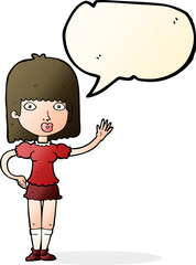 cartoon woman waving with speech bubble