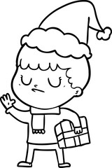 line drawing of a grumpy boy wearing santa hat
