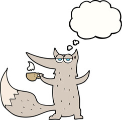 thought bubble cartoon wolf with coffee cup