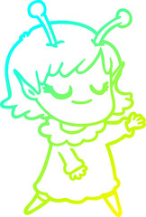 cold gradient line drawing smiling alien girl cartoon