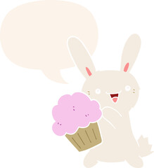 cute cartoon rabbit and muffin and speech bubble in retro style