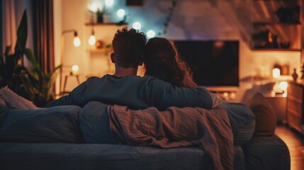 A back view of a couple in a warm embrace enjoying a cozy night in front of the television - obrazy, fototapety, plakaty