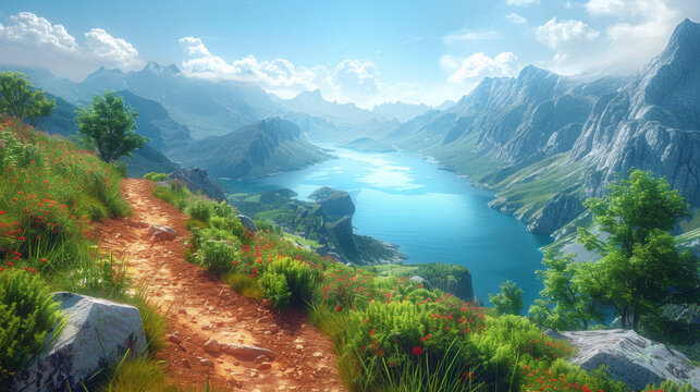 Mountain landscape with hiking trail and view of beautiful lakes.