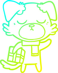 cold gradient line drawing cute cartoon dog with christmas present