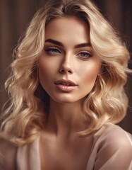 Fototapeta premium Glamour portrait of beautiful woman model with fresh daily makeup and romantic wavy hairstyle. Fashion