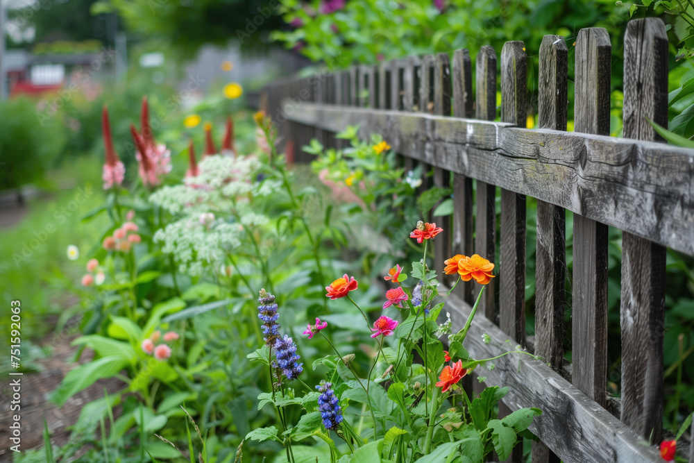 Poster flowers and a fence in a garden. a slide background for showcasing gardening. background image. crea