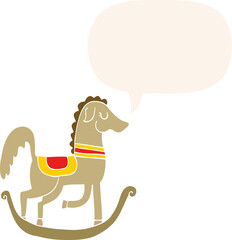 cartoon rocking horse and speech bubble in retro style