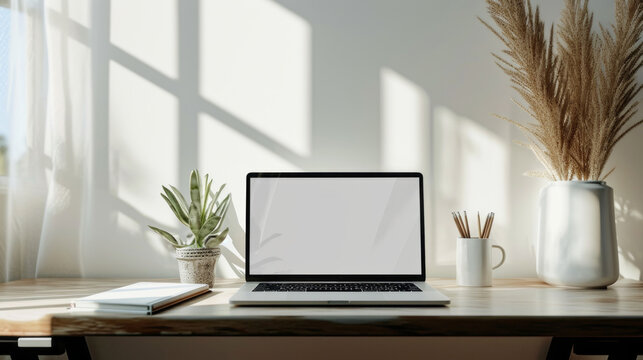 A Boho-style workspace. A laptop with an empty screen, indoor plants and dried flowers on a wooden table near a white wall with light and shadow from the window. Aesthetics, Minimalism, Freelancer.