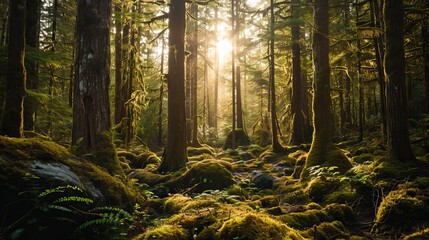 Sunlit Wilderness: Golden Rays Illuminating Lush Ferns and Moss in a Majestic Forest - obrazy, fototapety, plakaty