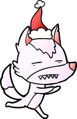 gradient cartoon of a wolf showing teeth wearing santa hat