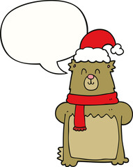 cartoon bear wearing christmas hat and speech bubble