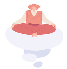 A human meditates and sitting on a cloud. Non-binary person sitting in lotus pose, meditating, relaxing, calm down and manage stress. Mindfulness therapy. Vector illustration isolated on white