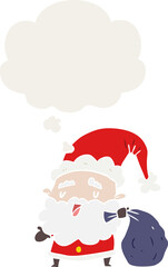 cartoon santa claus with sack and thought bubble in retro style