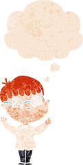 cartoon boy wearing spectacles and thought bubble in retro textured style