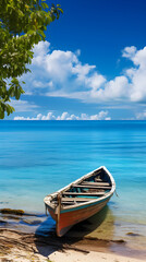 Charming Antique Boat Anchored amidst Lush Seascape - A Stunning Capture of Maritime Beauty and Tranquil Seashore