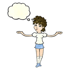 cartoon woman shrugging shoulders with thought bubble