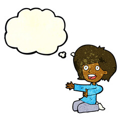 cartoon shocked woman on knees with thought bubble