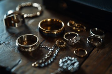 A variety of rings of different sizes, shapes, and designs displayed on a table, creating a captivating and artistic composition.