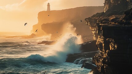 Lighthouse on Rocky Coastline Under a Sunset Sky with Birds and Waves