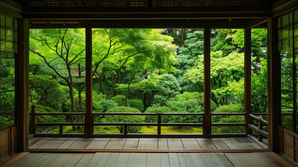 歴史ある日本家屋から見える新緑の日本庭園