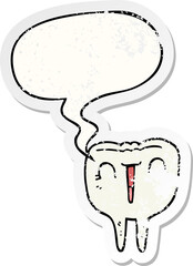 cartoon happy tooth and speech bubble distressed sticker