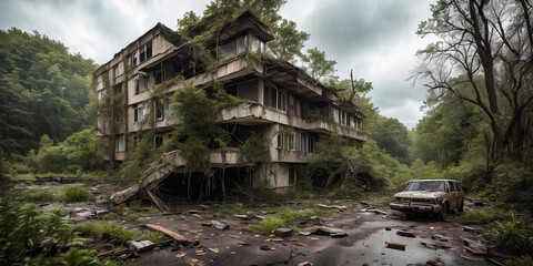 Fototapeta na wymiar Nature's Takeover. Post-apocalyptic setting where nature prevails