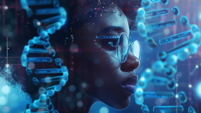 African scientist woman with dna hologram. biotechnology concept.