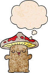 cartoon mushroom creature and thought bubble in grunge texture pattern style
