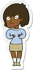 sticker of a cartoon woman making Who Me gesture