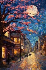 Fototapeta na wymiar Illustration of beautiful city at night by mosaic paint style Created with Generative AI technology.