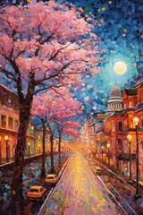 Fototapeta premium Illustration of beautiful city at night by mosaic paint style Created with Generative AI technology.