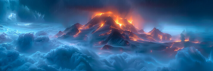 Surreal volcanic landscape, ethereal light piercing storm clouds above the peak, ash and fire mingle - obrazy, fototapety, plakaty