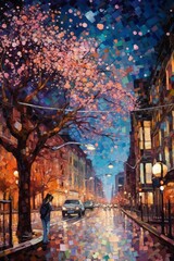 Fototapeta premium Illustration of beautiful city at night by mosaic paint style Created with Generative AI technology.