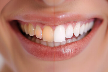 The difference between yellow and white teeth on a beautiful girl's smile, teeth whitening, dentist