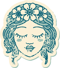 distressed sticker tattoo style icon of female face with eyes closed