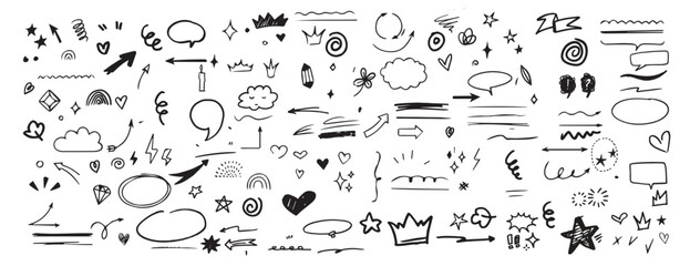 Sketch line arrow element, star, heart shape. Hand drawn Doodle sketch style circle, cloud speech bubble grunge element set. Arrow, star, heart brush decoration. Vector illustration.