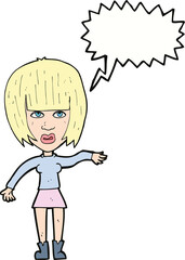 cartoon woman waving away with speech bubble