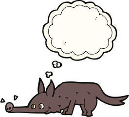 cartoon dog sniffing floor with thought bubble