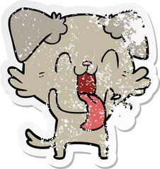 distressed sticker of a cartoon panting dog