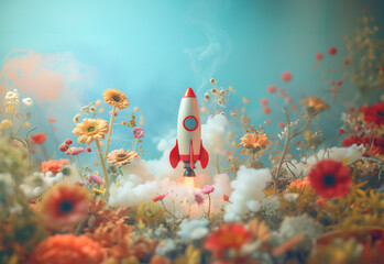 Toy space rocket launching from the field of flowers. Eco friendly rocket fuel conceptual background. - 751593813