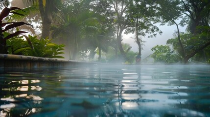 Early morning laps in a mist-covered pool - obrazy, fototapety, plakaty