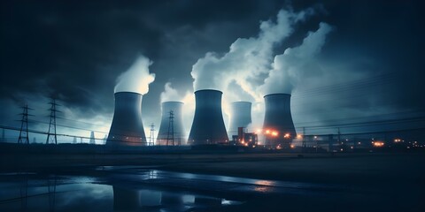 Nighttime scene of industrial landscape featuring a nuclear power plant with chimneys and cooling towers. Concept Night Photography, Industrial Landscape, Nuclear Power Plant, Chimneys