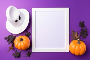 A creative Halloween scene with a white ghost hat, pumpkins, and fallen leaves on purple.